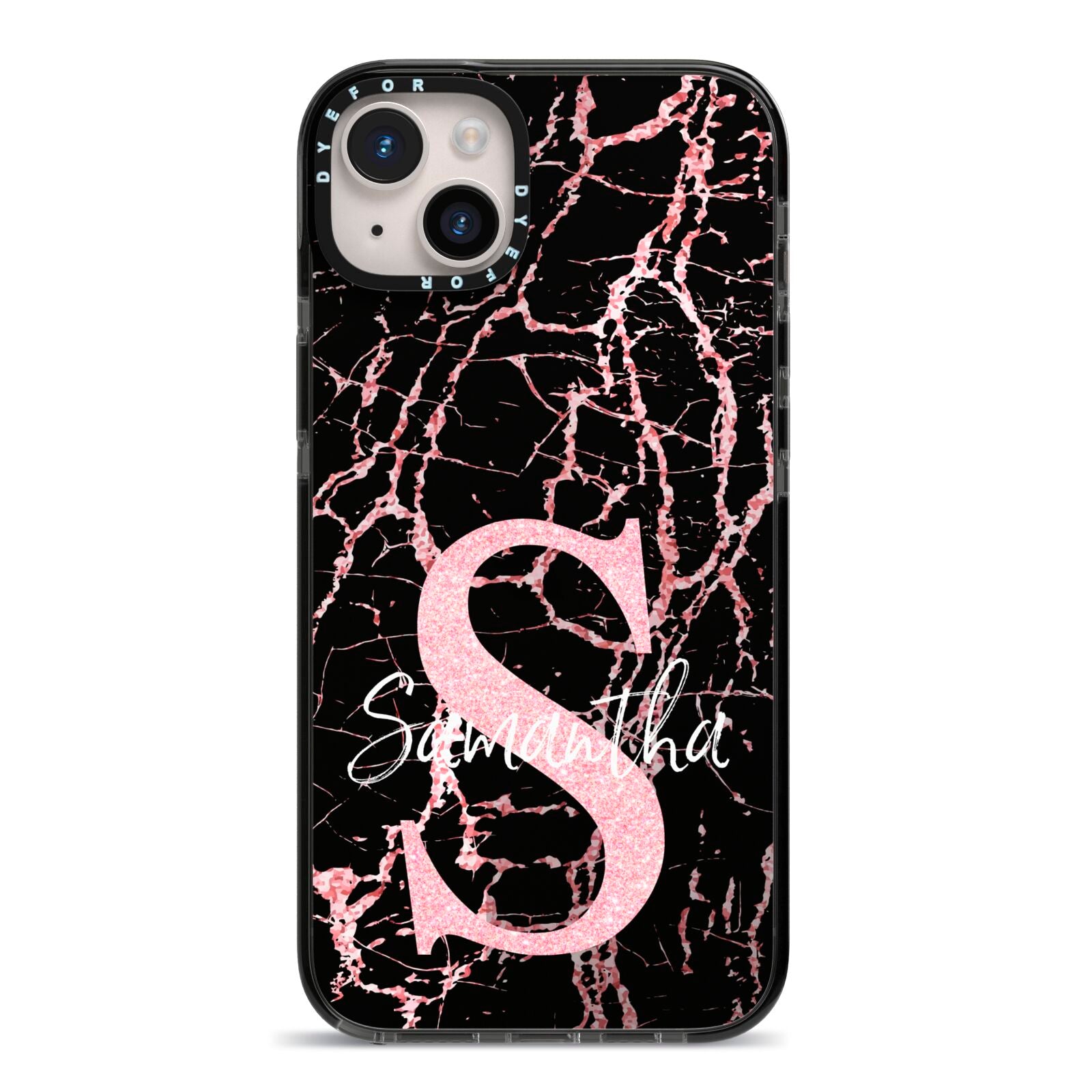 Personalised Pink Cracked Marble Glitter Initial iPhone 14 Plus Black Impact Case on Silver phone