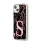 Personalised Pink Cracked Marble Glitter Initial iPhone 14 Plus Clear Tough Case Starlight Angled Image