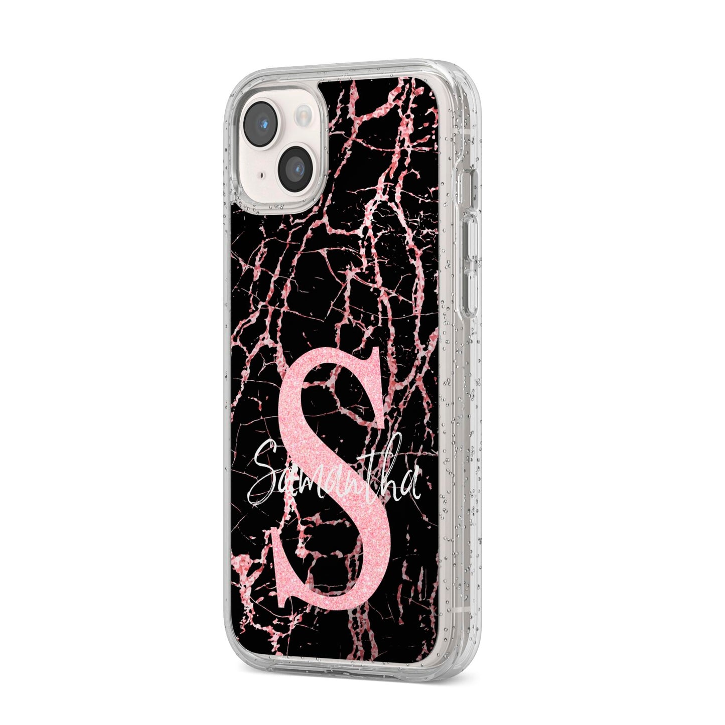 Personalised Pink Cracked Marble Glitter Initial iPhone 14 Plus Glitter Tough Case Starlight Angled Image