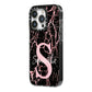 Personalised Pink Cracked Marble Glitter Initial iPhone 14 Pro Black Impact Case Side Angle on Silver phone