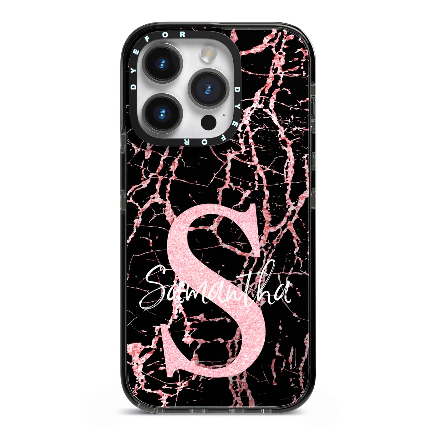 Personalised Pink Cracked Marble Glitter Initial iPhone 14 Pro Black Impact Case on Silver phone