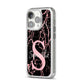 Personalised Pink Cracked Marble Glitter Initial iPhone 14 Pro Clear Tough Case Silver Angled Image