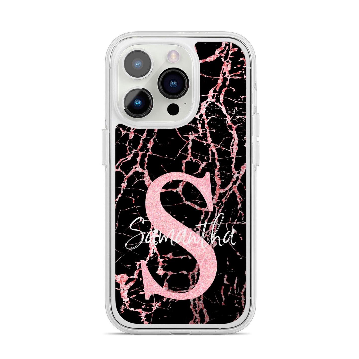 Personalised Pink Cracked Marble Glitter Initial iPhone 14 Pro Clear Tough Case Silver
