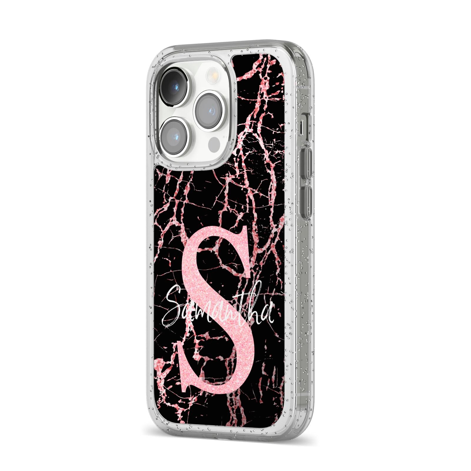 Personalised Pink Cracked Marble Glitter Initial iPhone 14 Pro Glitter Tough Case Silver Angled Image