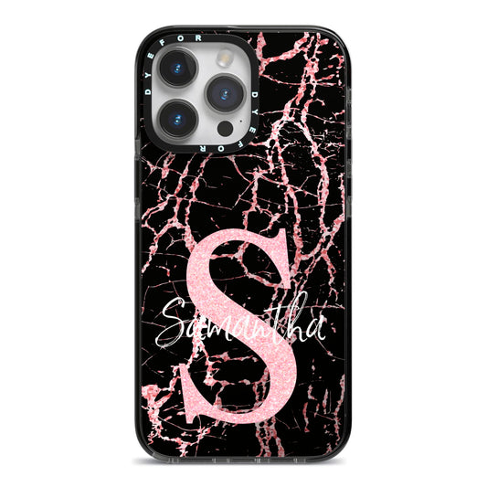 Personalised Pink Cracked Marble Glitter Initial iPhone 14 Pro Max Black Impact Case on Silver phone