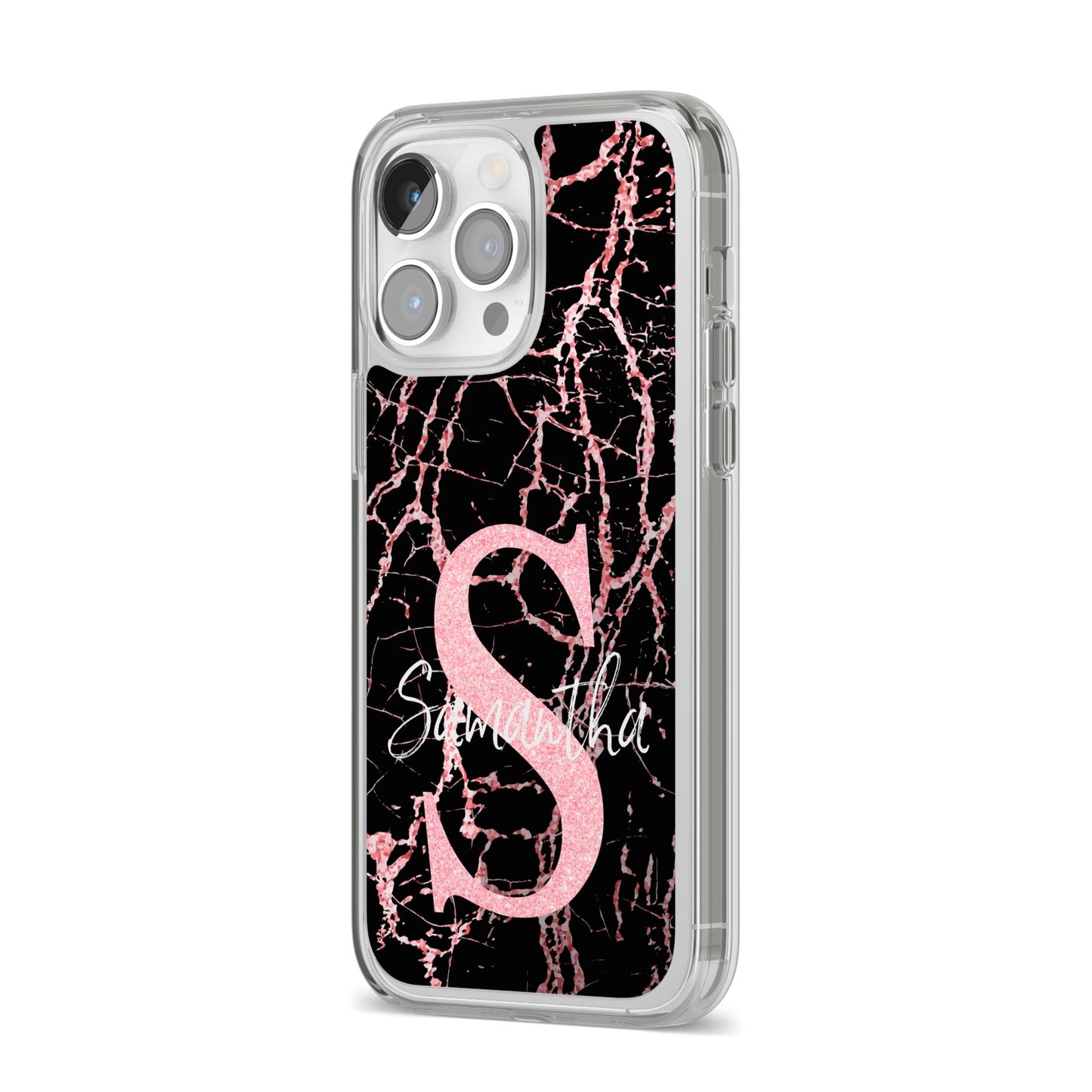 Personalised Pink Cracked Marble Glitter Initial iPhone 14 Pro Max Clear Tough Case Silver Angled Image
