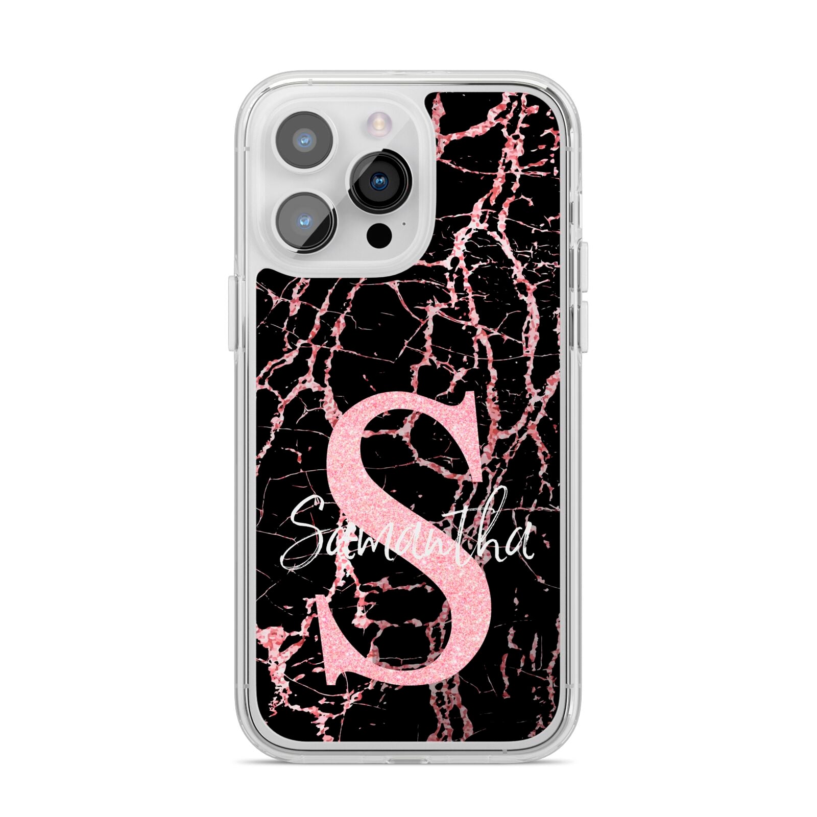 Personalised Pink Cracked Marble Glitter Initial iPhone 14 Pro Max Clear Tough Case Silver