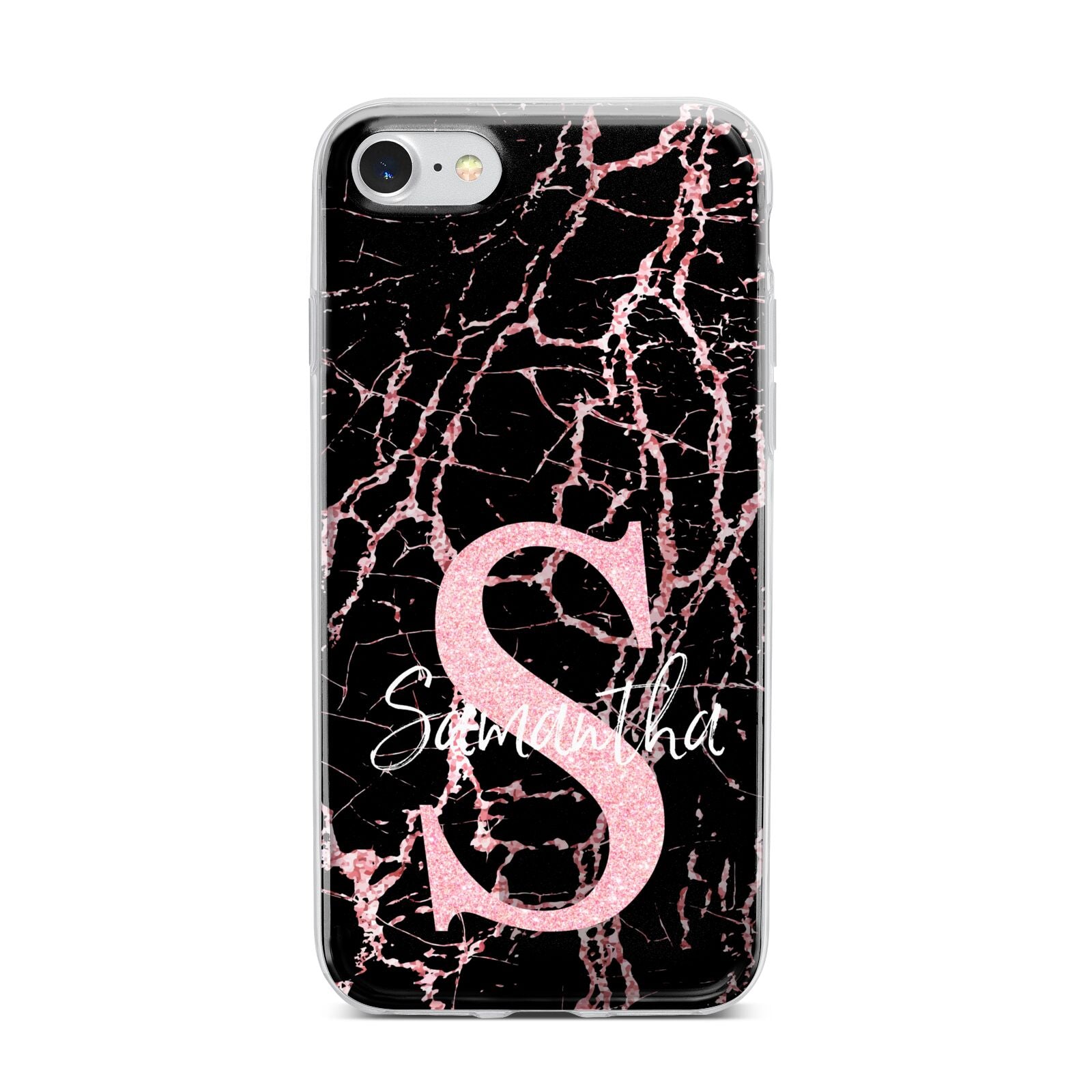 Personalised Pink Cracked Marble Glitter Initial iPhone 7 Bumper Case on Silver iPhone