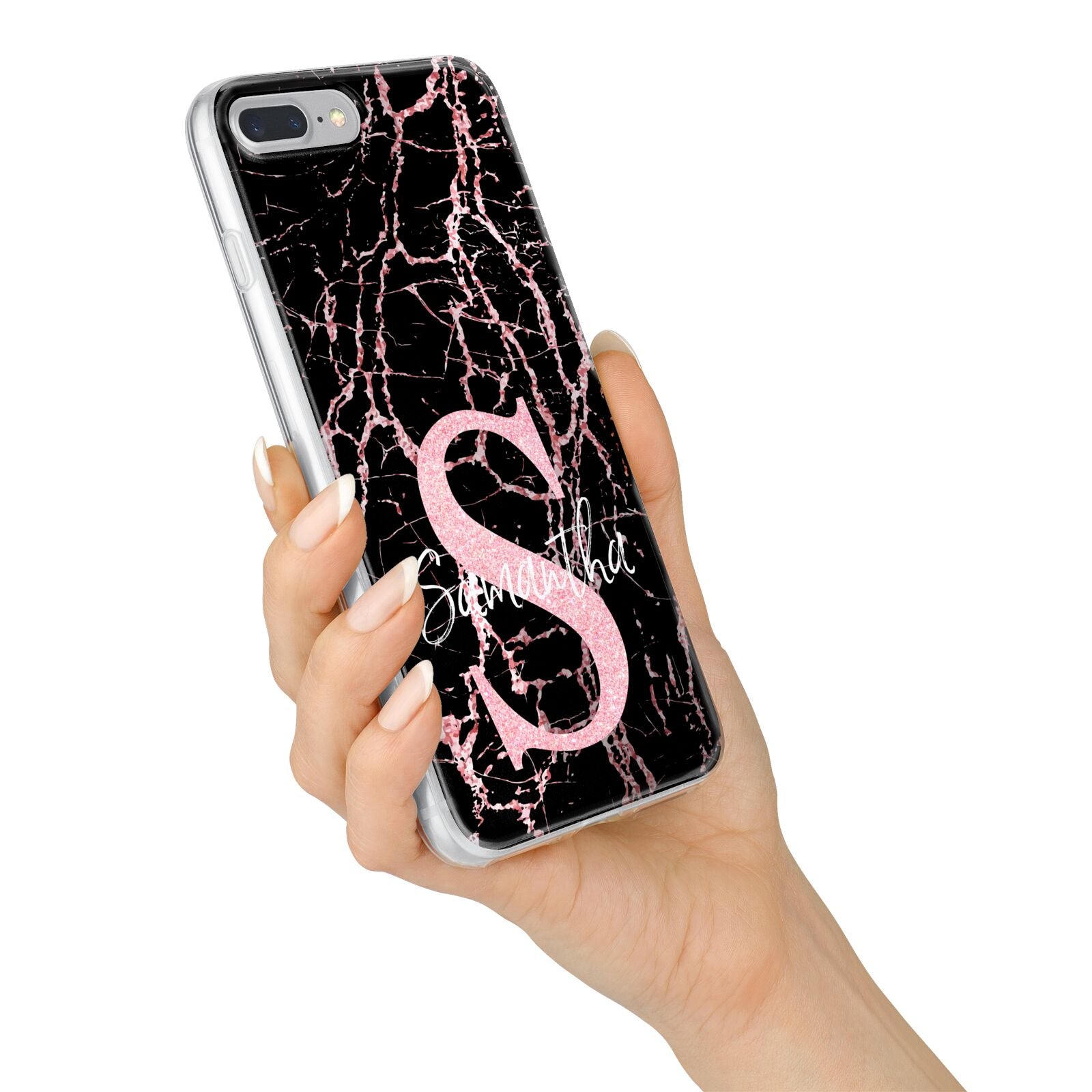 Personalised Pink Cracked Marble Glitter Initial iPhone 7 Plus Bumper Case on Silver iPhone Alternative Image