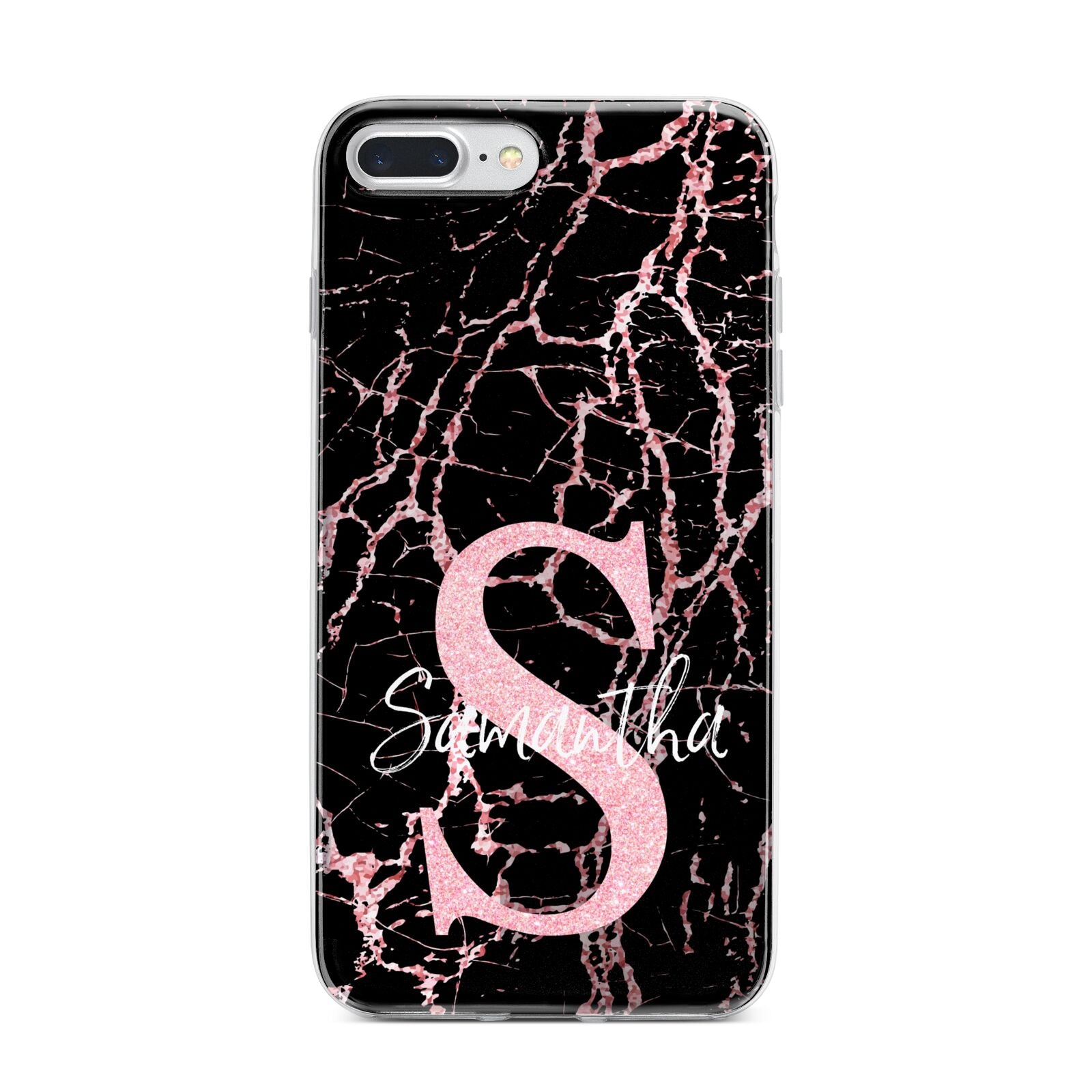 Personalised Pink Cracked Marble Glitter Initial iPhone 7 Plus Bumper Case on Silver iPhone