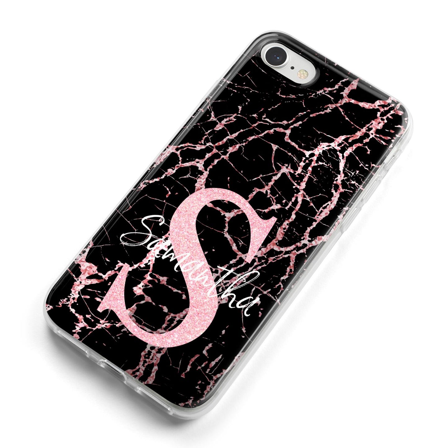Personalised Pink Cracked Marble Glitter Initial iPhone 8 Bumper Case on Silver iPhone Alternative Image
