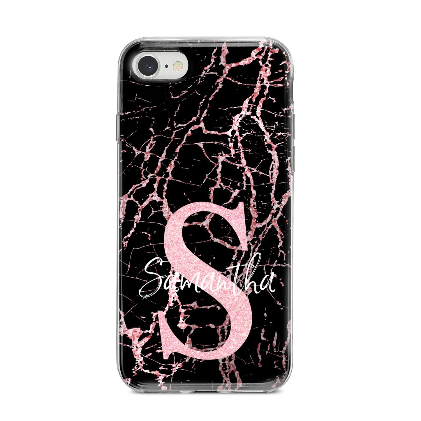 Personalised Pink Cracked Marble Glitter Initial iPhone 8 Bumper Case on Silver iPhone