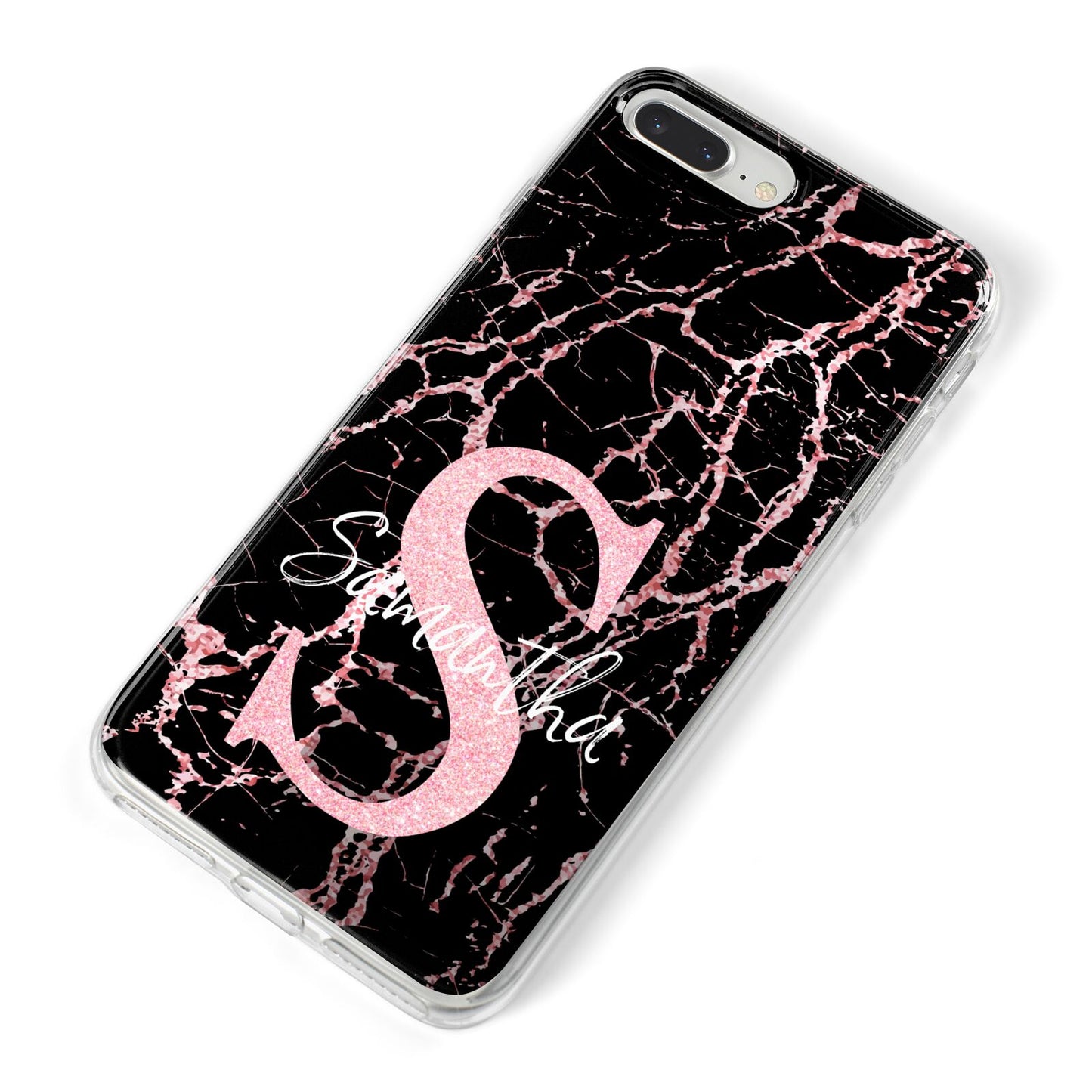 Personalised Pink Cracked Marble Glitter Initial iPhone 8 Plus Bumper Case on Silver iPhone Alternative Image