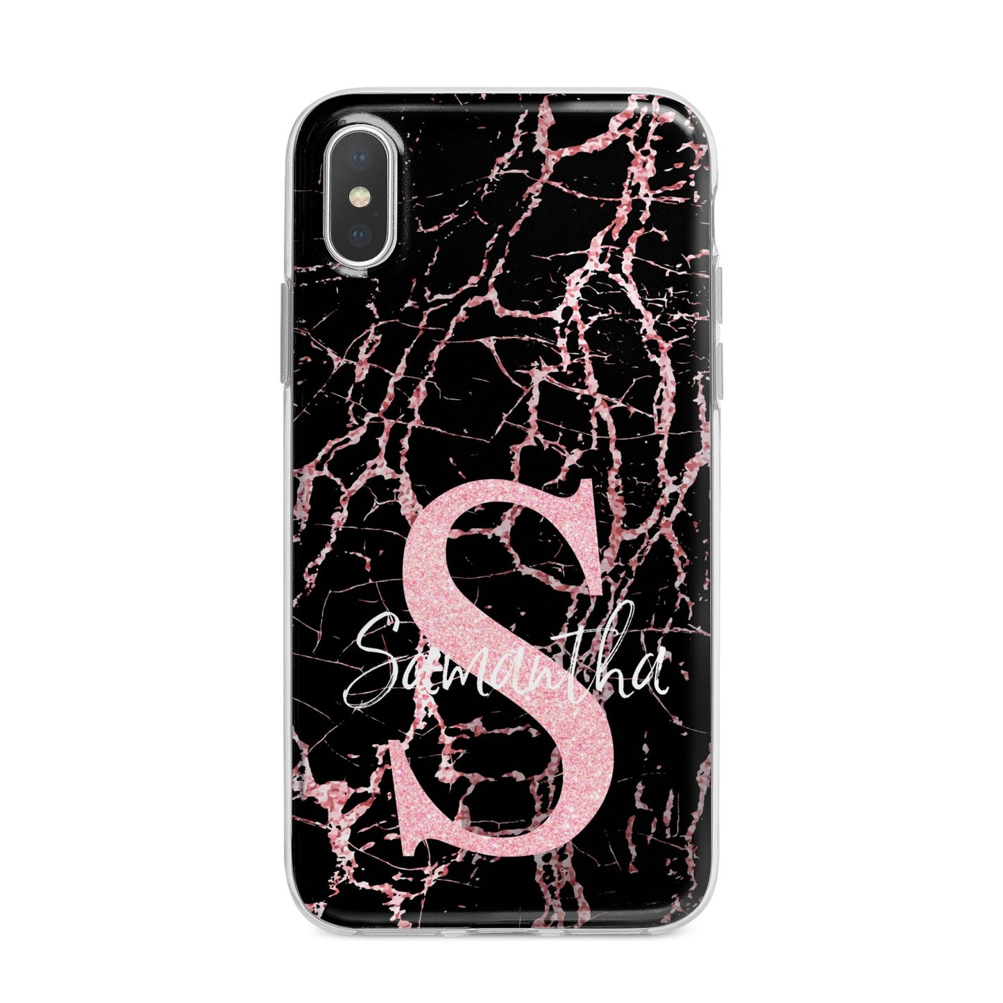 Personalised Pink Cracked Marble Glitter Initial iPhone X Bumper Case on Silver iPhone Alternative Image 1