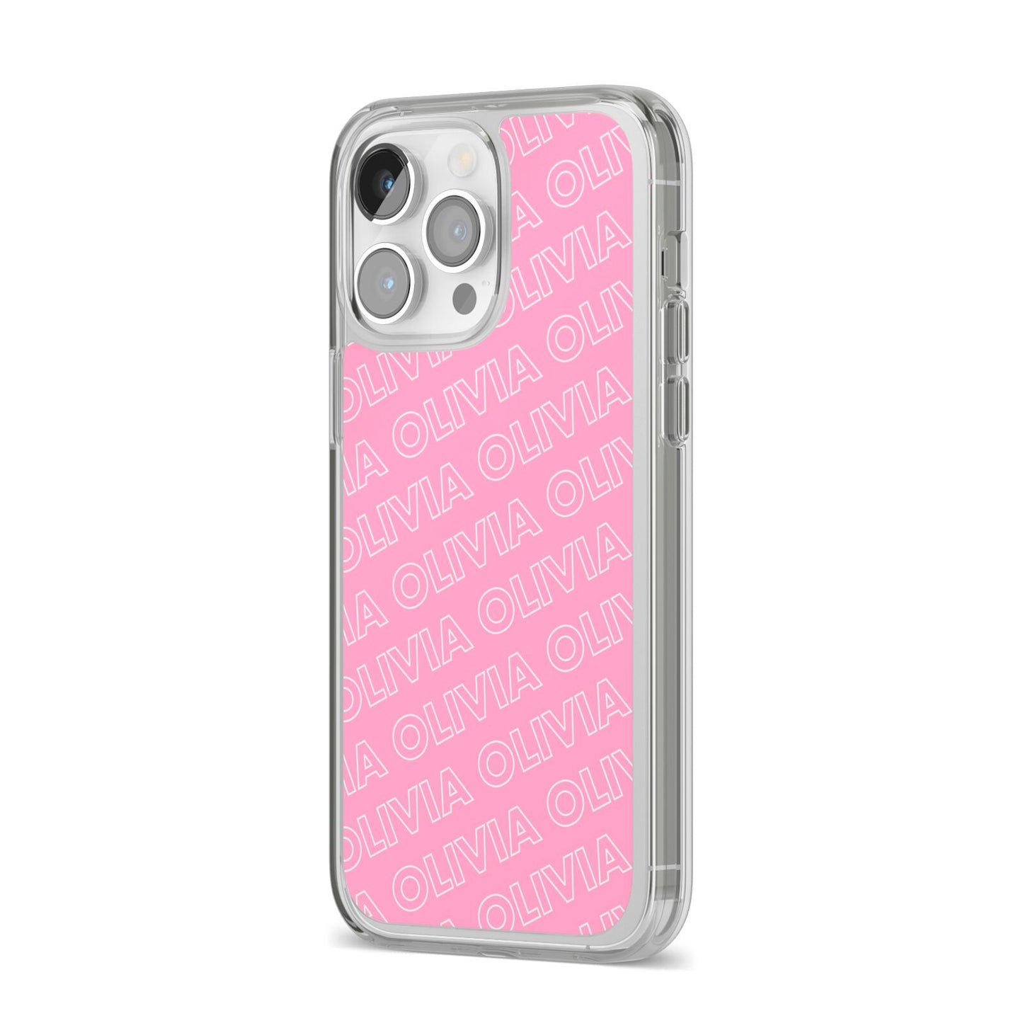 Personalised Pink Diagonal Name iPhone 14 Pro Max Clear Tough Case Silver Angled Image