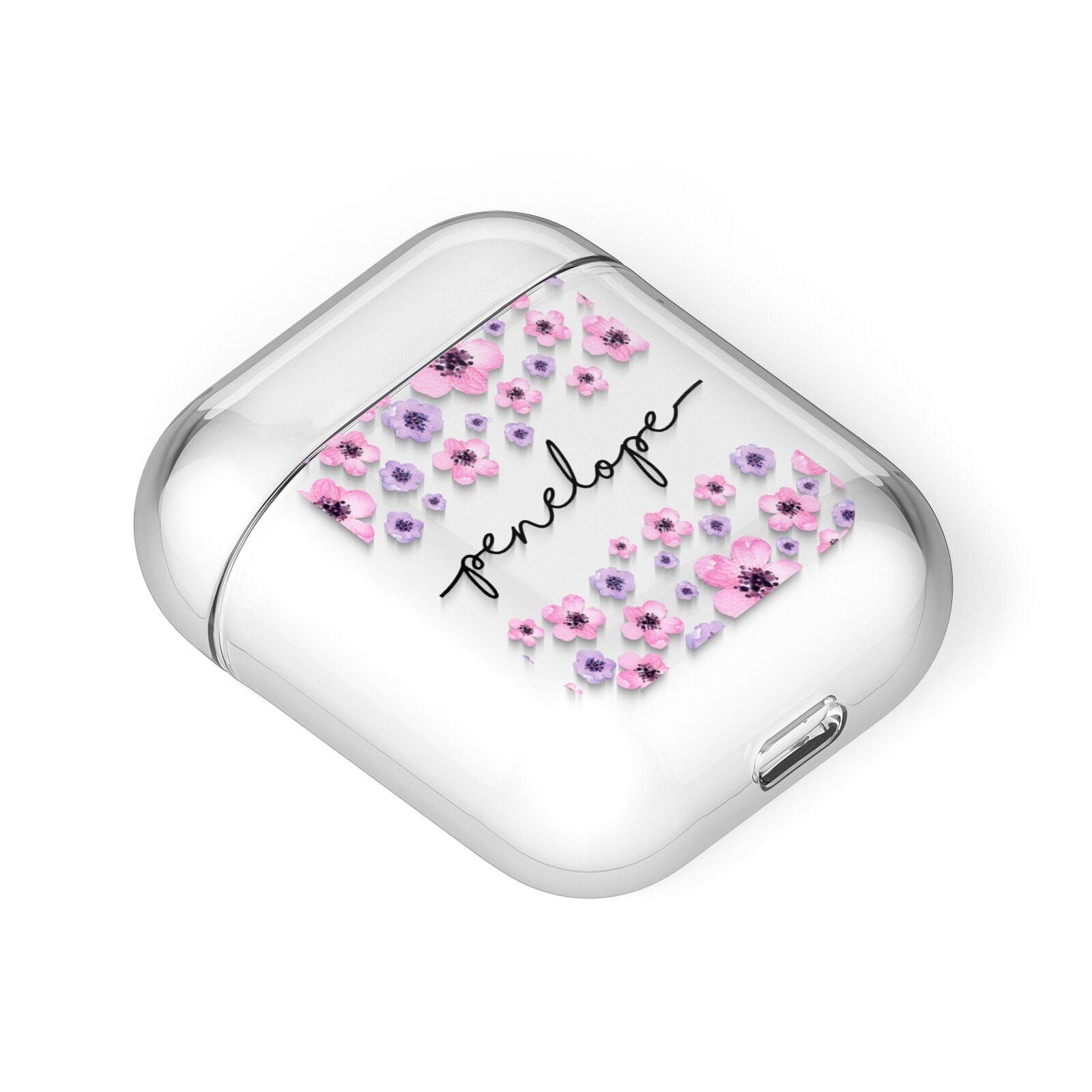 Personalised Pink Floral AirPods Case Laid Flat