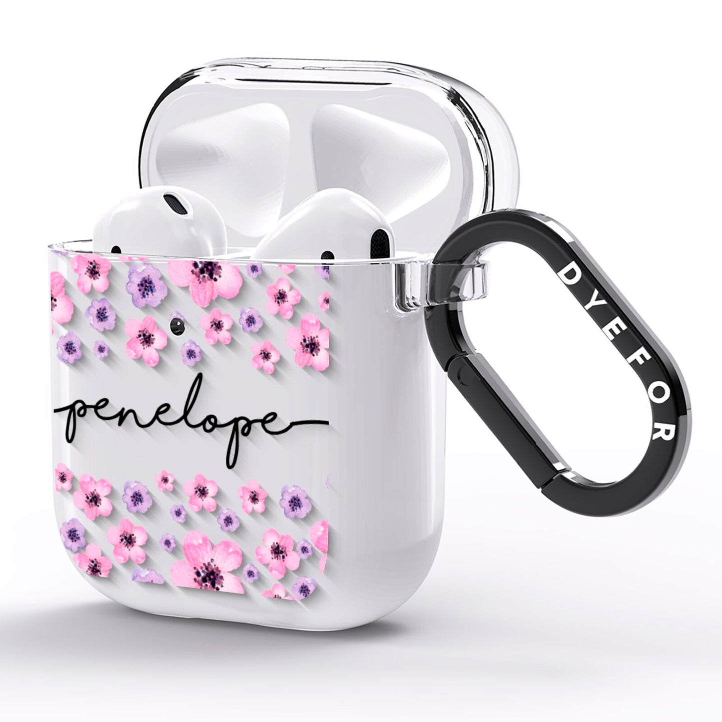 Personalised Pink Floral AirPods Clear Case Side Image