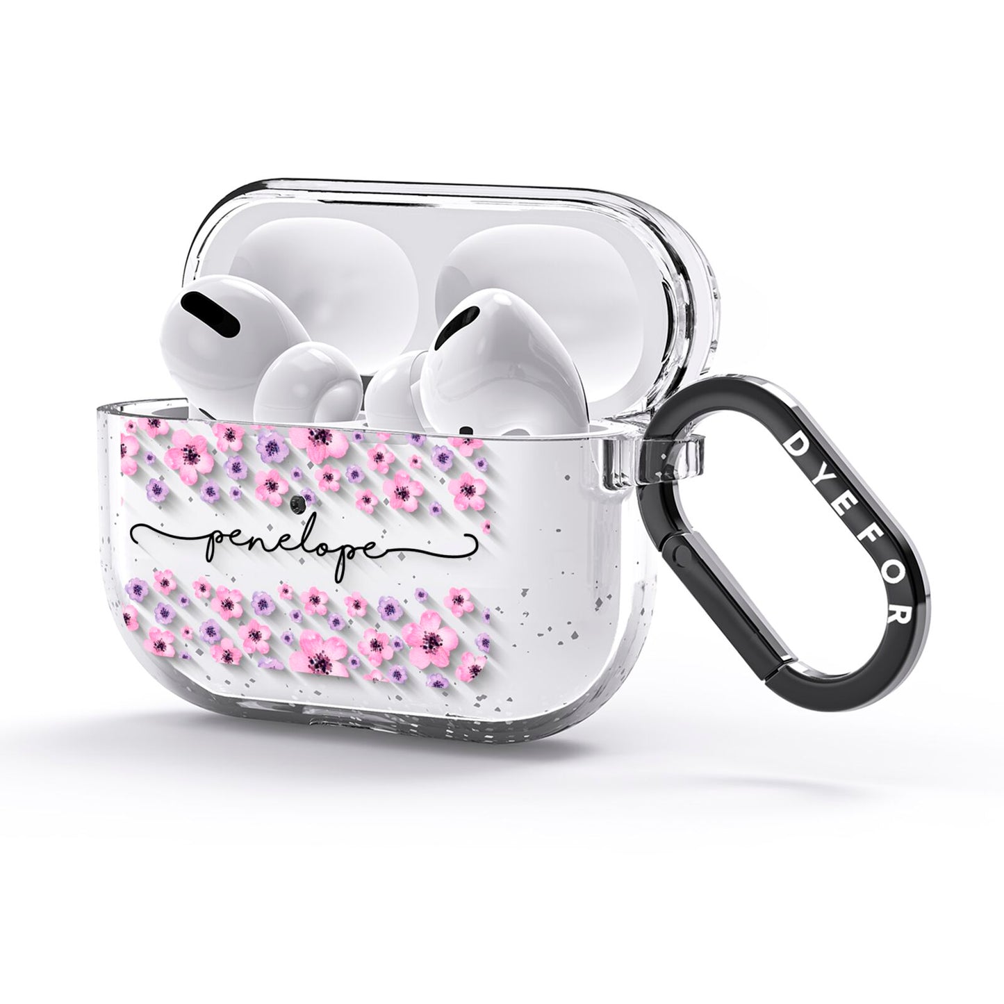 Personalised Pink Floral AirPods Glitter Case 3rd Gen Side Image
