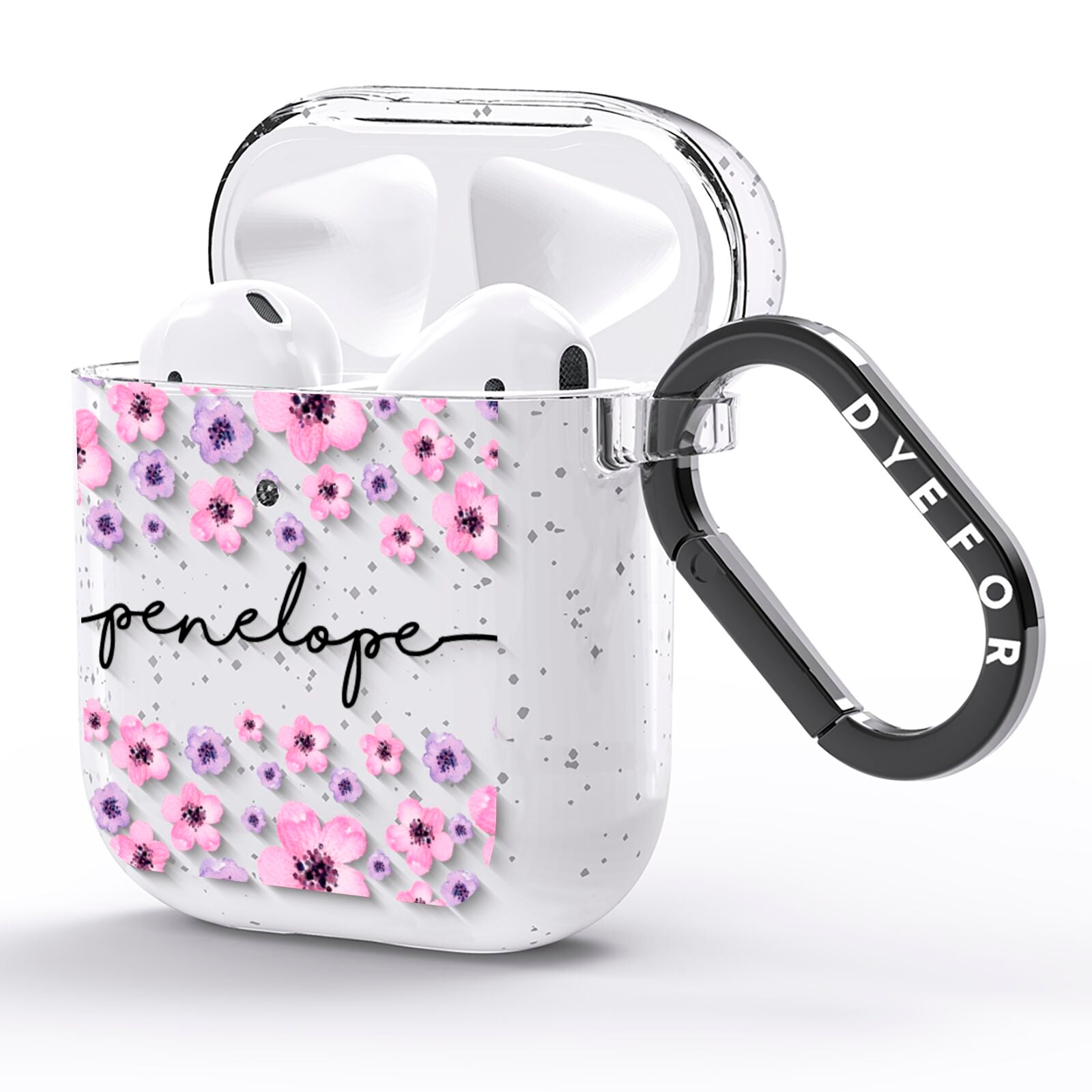 Personalised Pink Floral AirPods Glitter Case Side Image