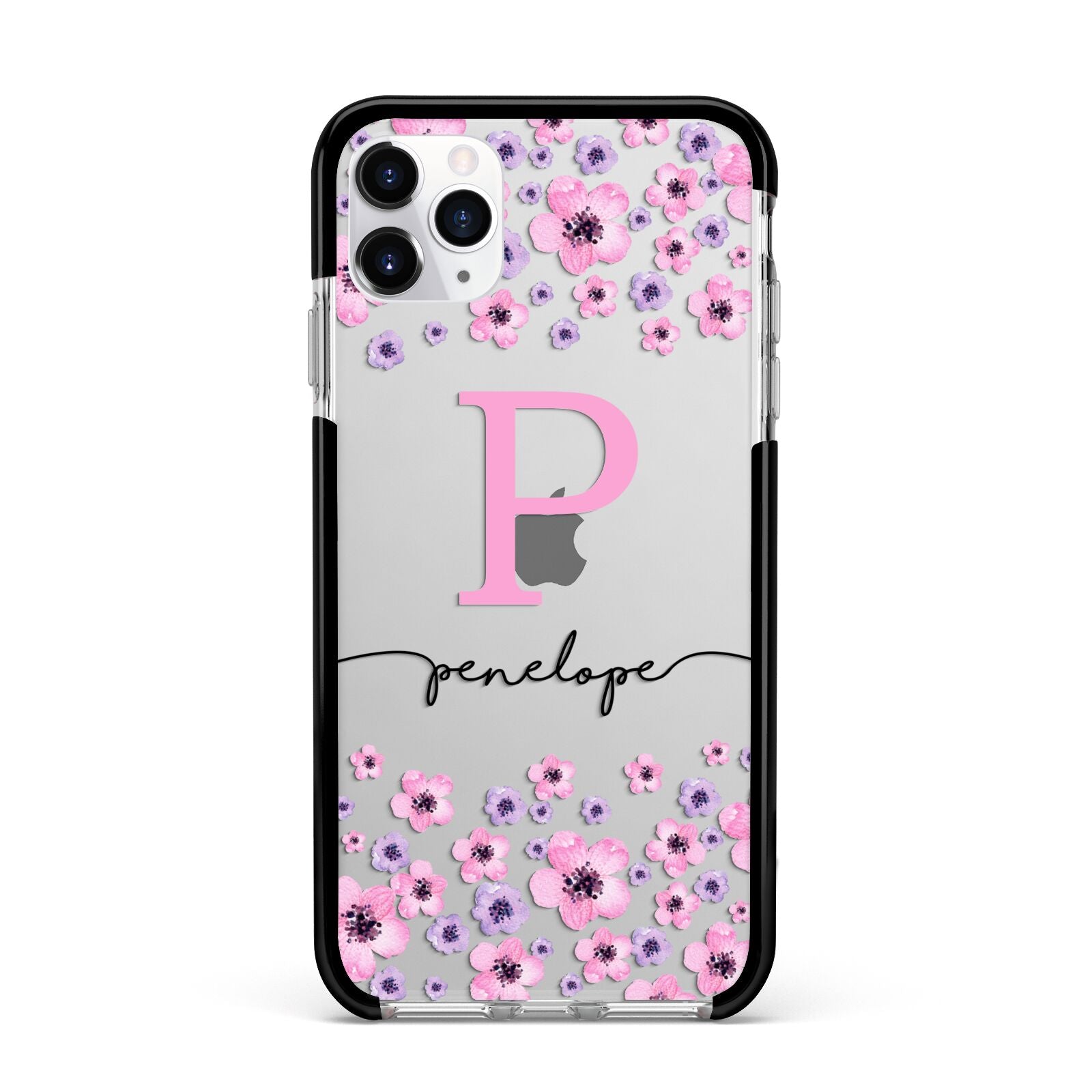 Personalised Pink Floral Apple iPhone 11 Pro Max in Silver with Black Impact Case