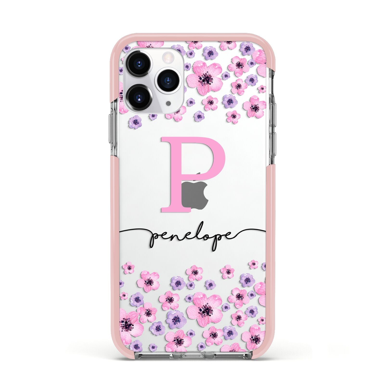 Personalised Pink Floral Apple iPhone 11 Pro in Silver with Pink Impact Case