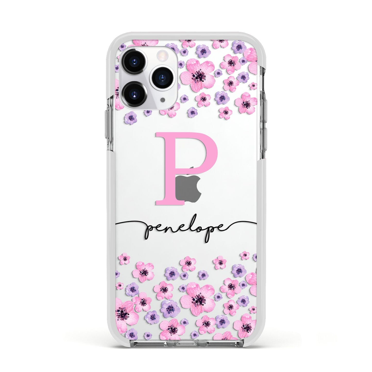 Personalised Pink Floral Apple iPhone 11 Pro in Silver with White Impact Case
