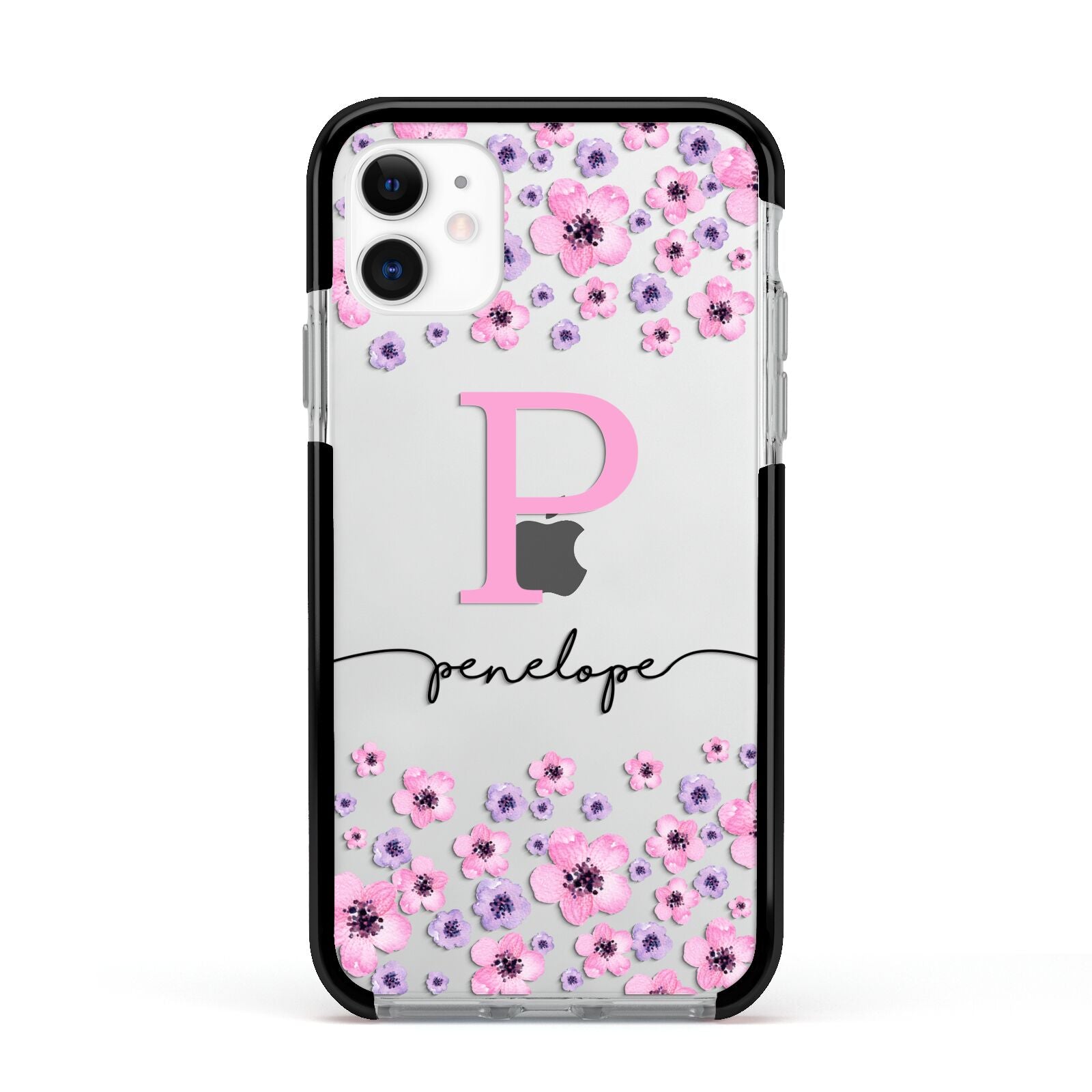 Personalised Pink Floral Apple iPhone 11 in White with Black Impact Case