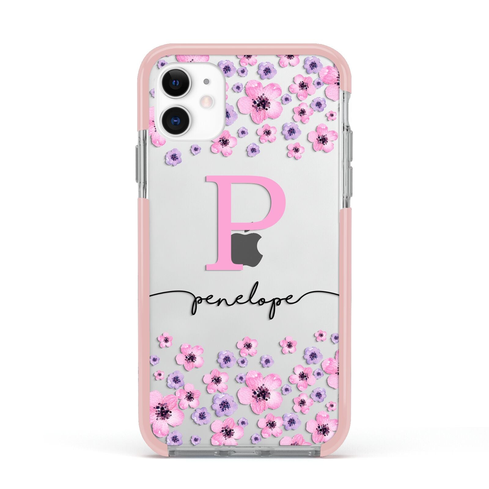 Personalised Pink Floral Apple iPhone 11 in White with Pink Impact Case