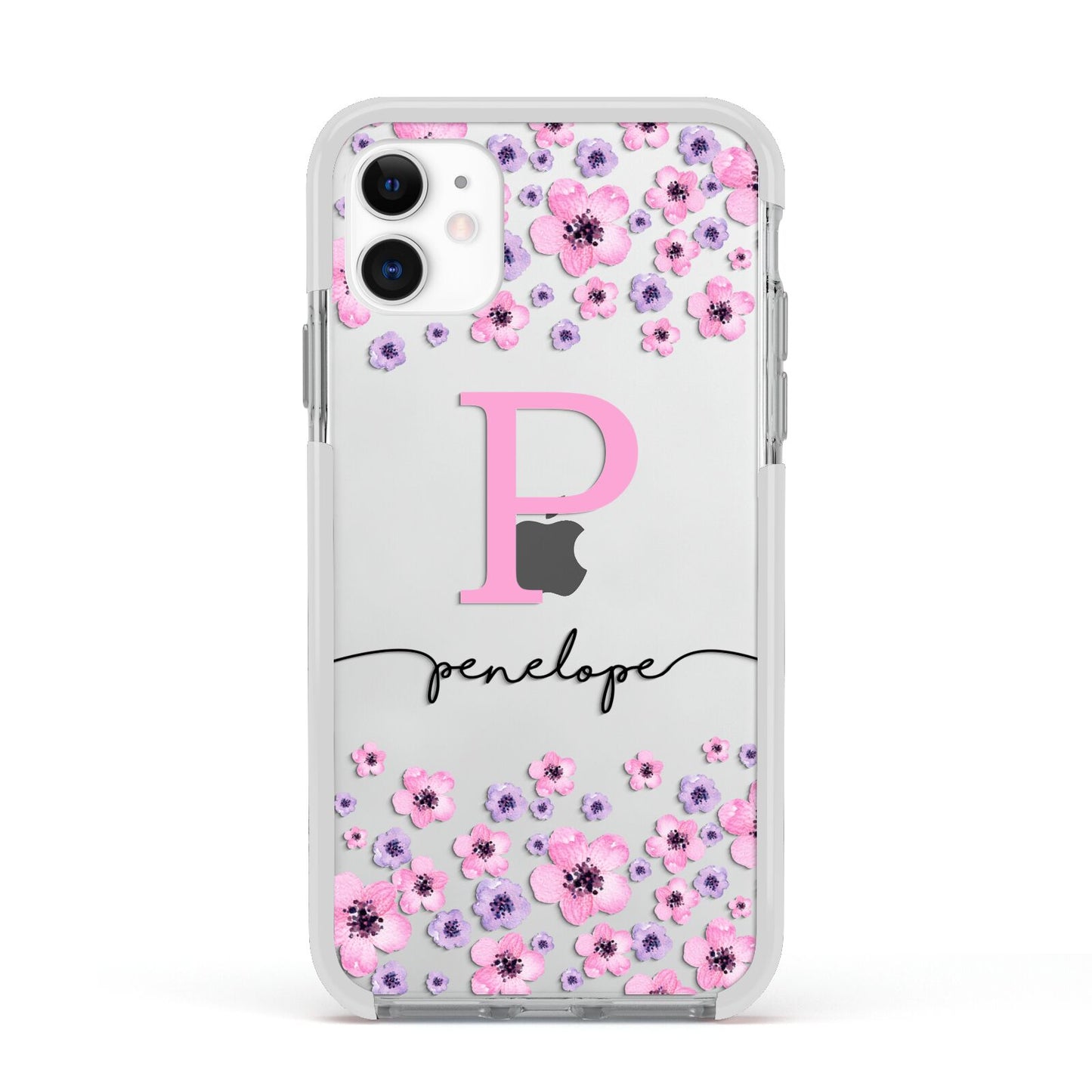 Personalised Pink Floral Apple iPhone 11 in White with White Impact Case