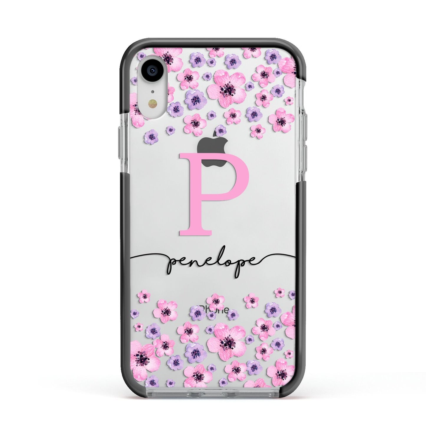 Personalised Pink Floral Apple iPhone XR Impact Case Black Edge on Silver Phone