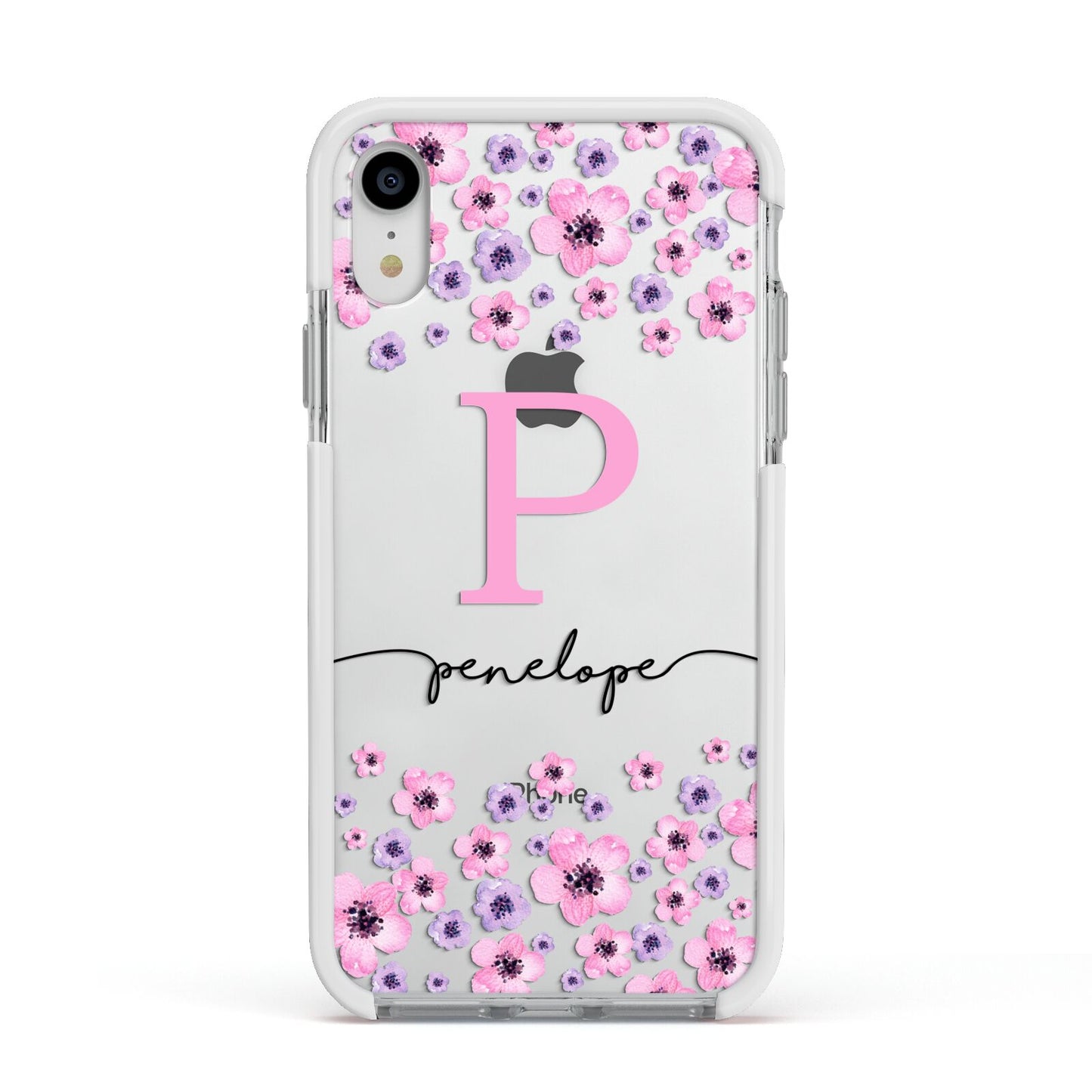 Personalised Pink Floral Apple iPhone XR Impact Case White Edge on Silver Phone