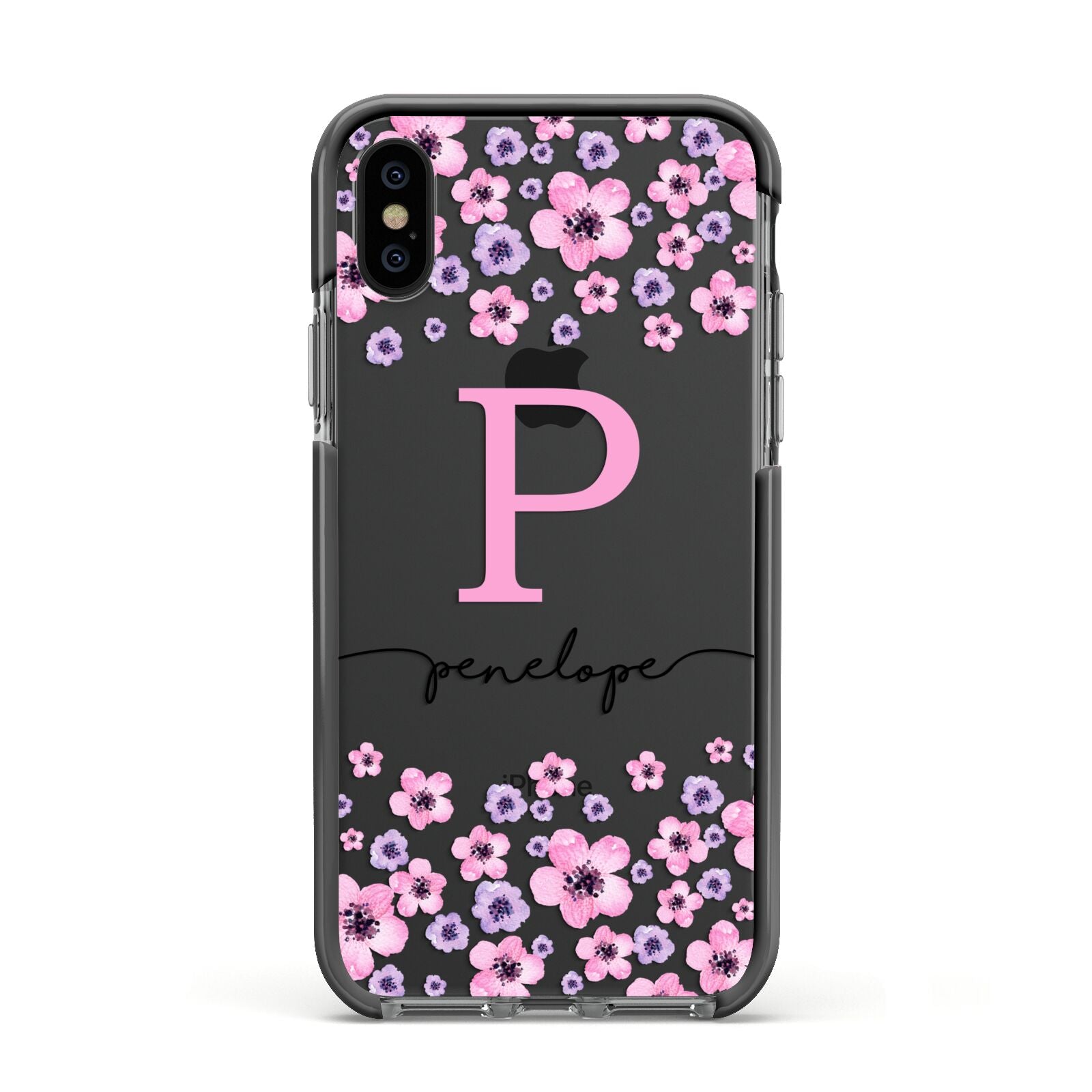 Personalised Pink Floral Apple iPhone Xs Impact Case Black Edge on Black Phone