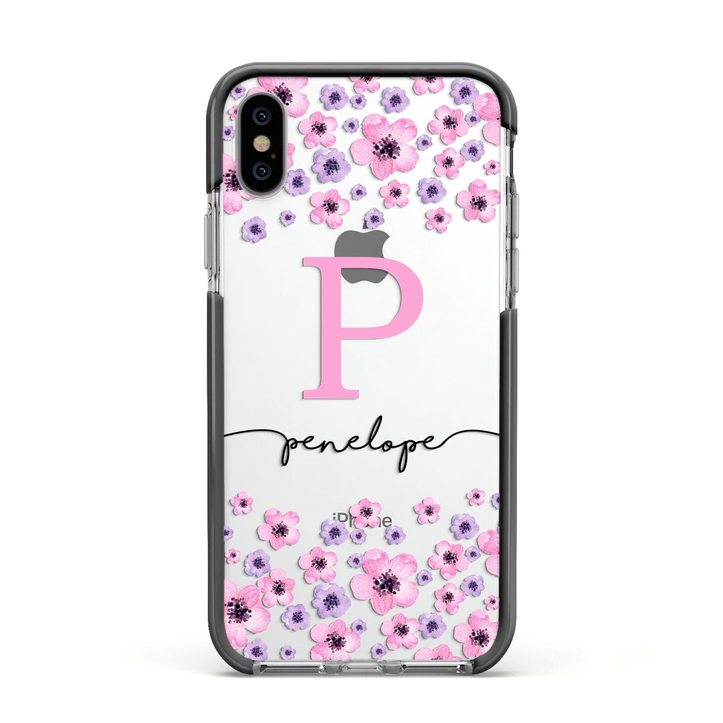 Personalised Pink Floral Apple iPhone Xs Impact Case Black Edge on Silver Phone