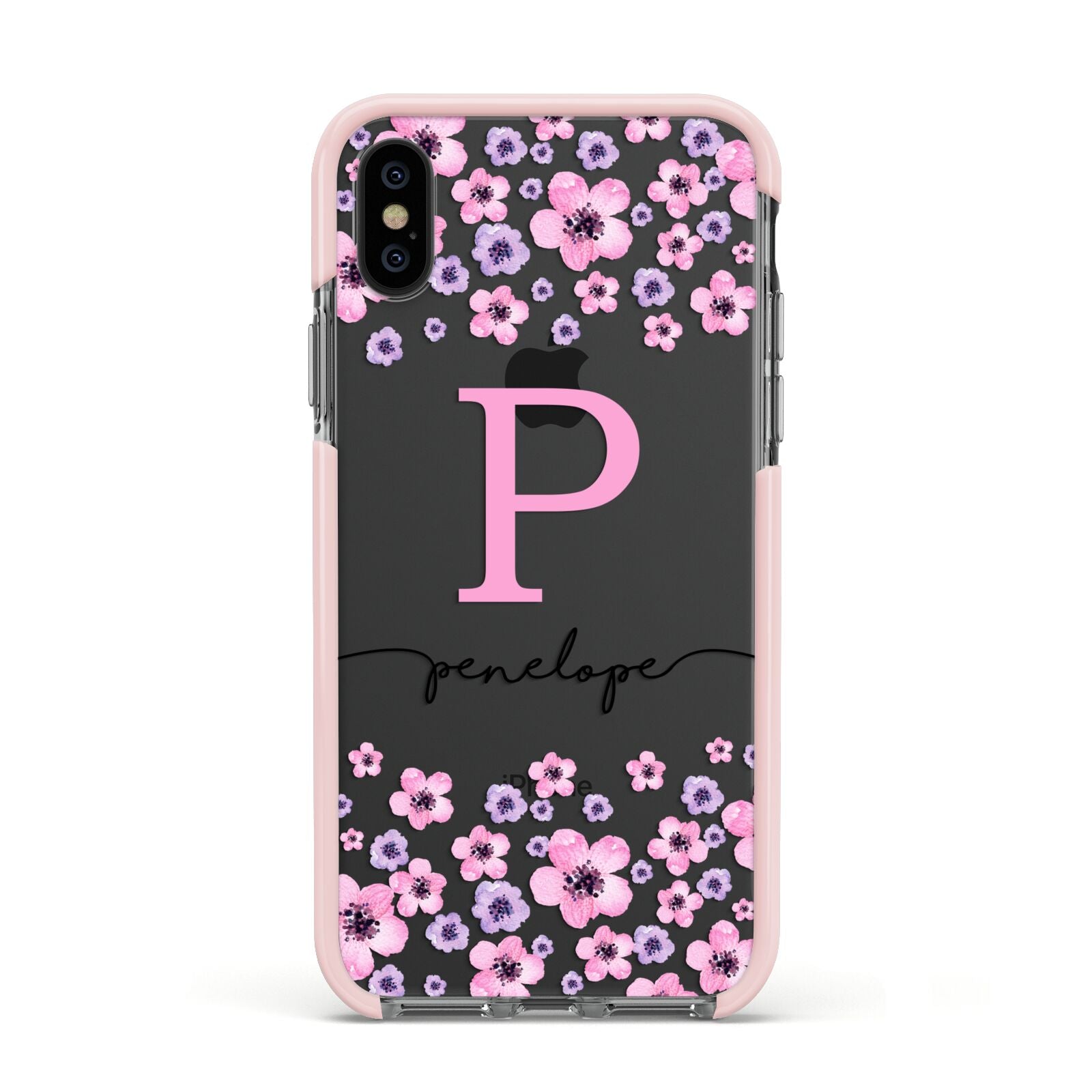 Personalised Pink Floral Apple iPhone Xs Impact Case Pink Edge on Black Phone