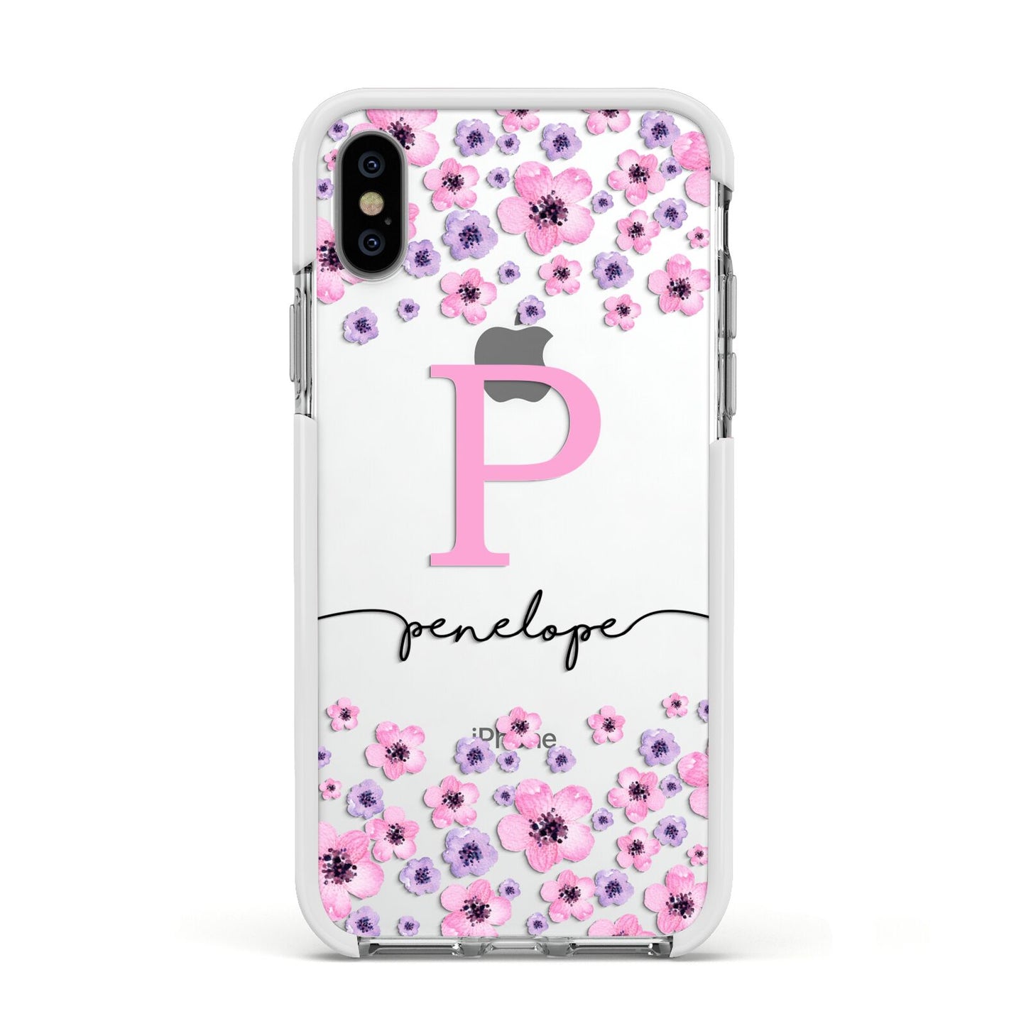 Personalised Pink Floral Apple iPhone Xs Impact Case White Edge on Silver Phone