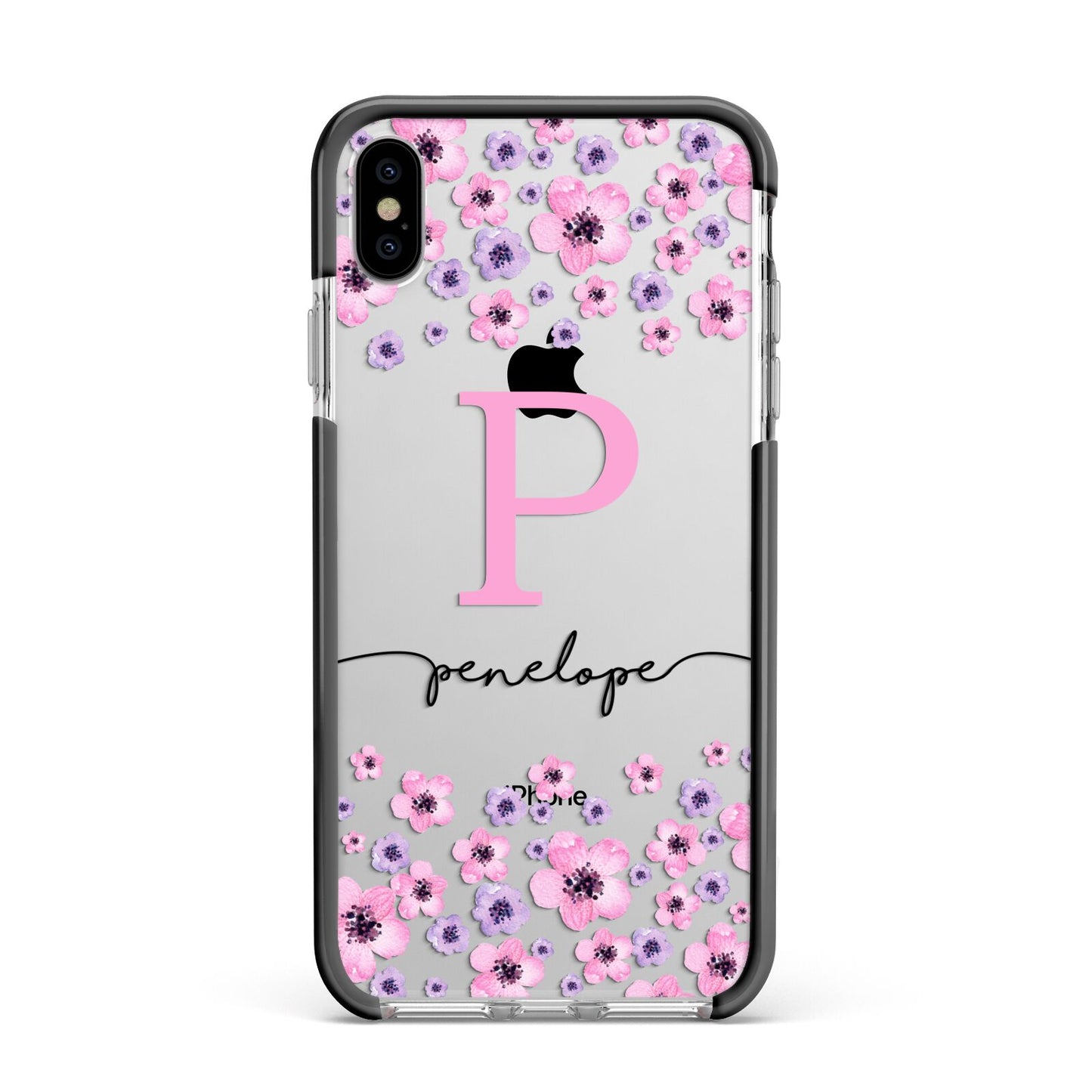 Personalised Pink Floral Apple iPhone Xs Max Impact Case Black Edge on Silver Phone