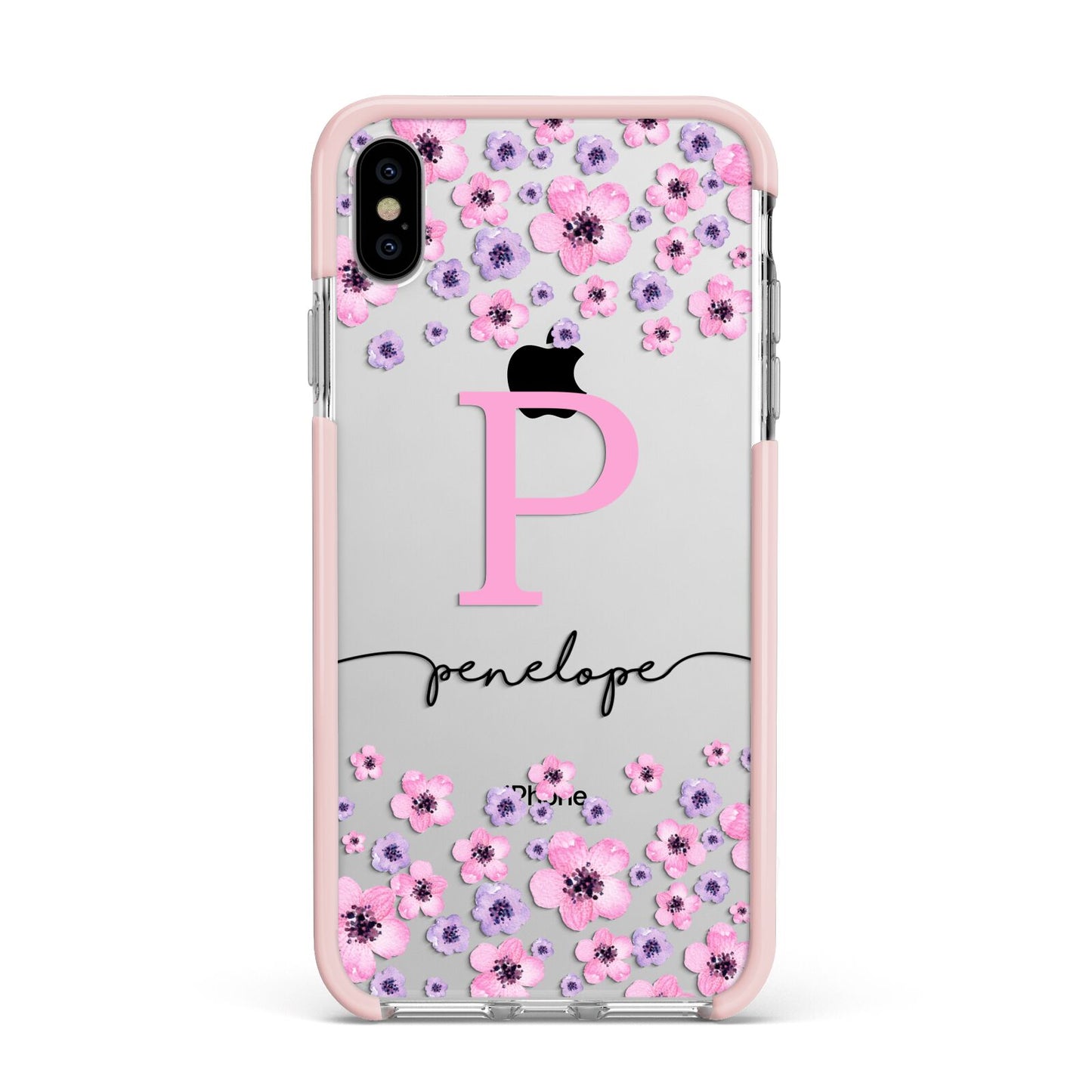 Personalised Pink Floral Apple iPhone Xs Max Impact Case Pink Edge on Silver Phone