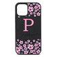 Personalised Pink Floral Black Pebble Leather iPhone 12 Case