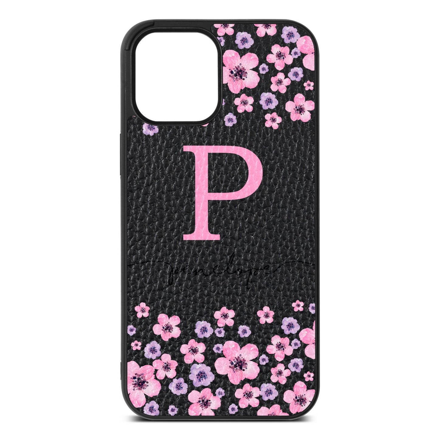 Personalised Pink Floral Black Pebble Leather iPhone 12 Pro Max Case
