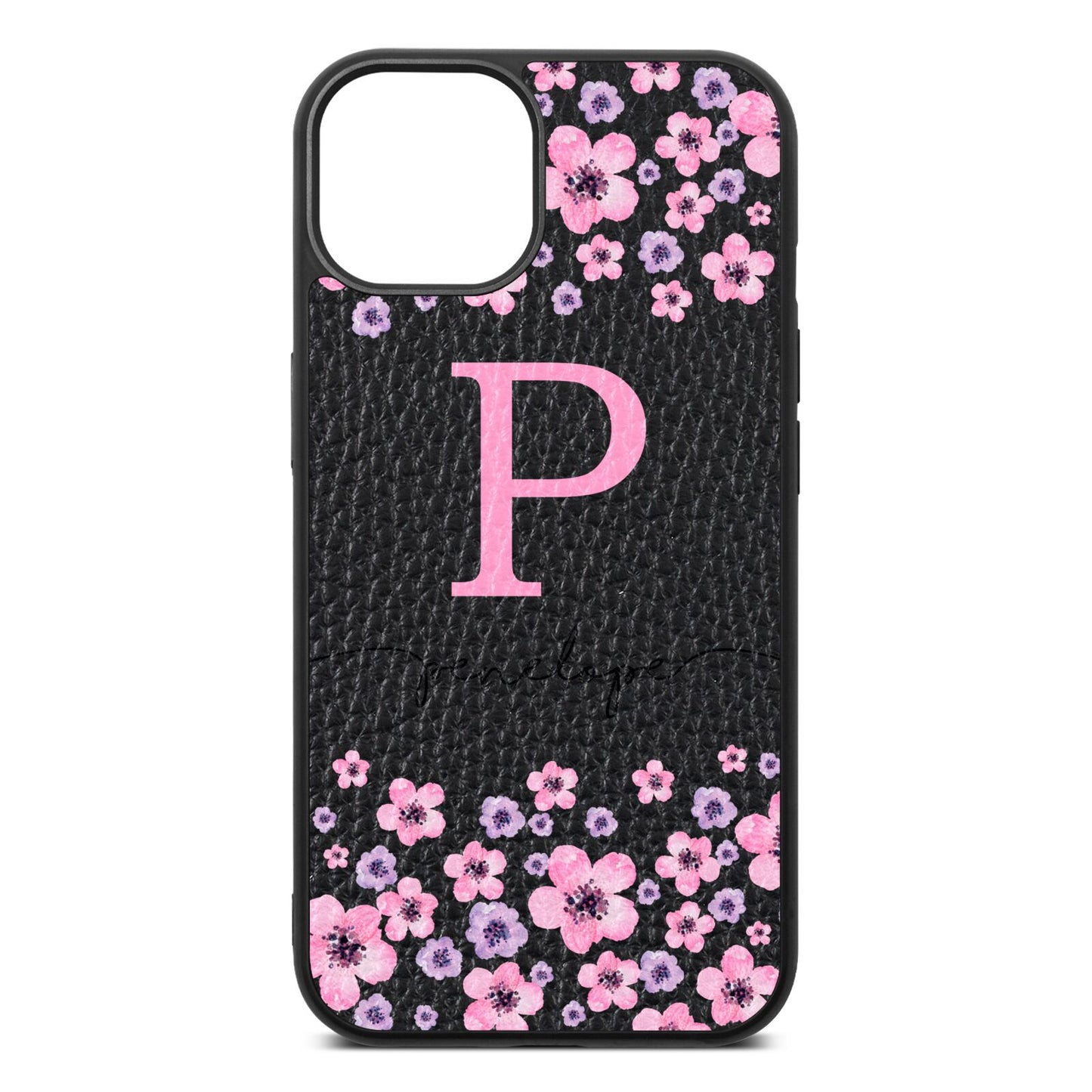 Personalised Pink Floral Black Pebble Leather iPhone 13 Case