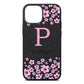 Personalised Pink Floral Black Pebble Leather iPhone 13 Mini Case
