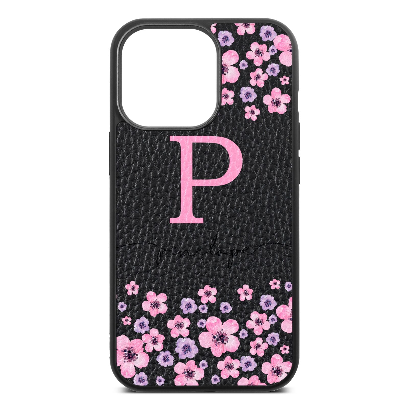 Personalised Pink Floral Black Pebble Leather iPhone 13 Pro Case