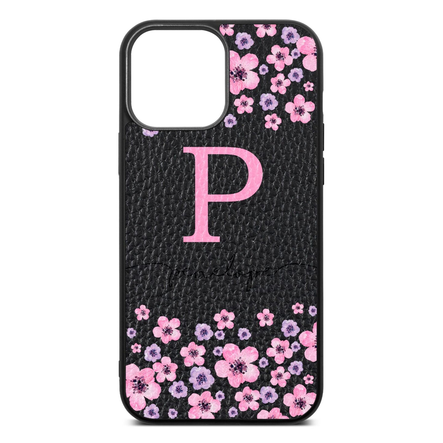 Personalised Pink Floral Black Pebble Leather iPhone 13 Pro Max Case