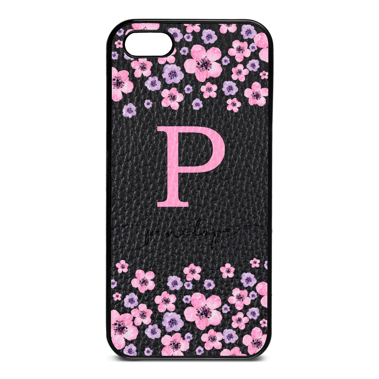 Personalised Pink Floral Black Pebble Leather iPhone 5 Case