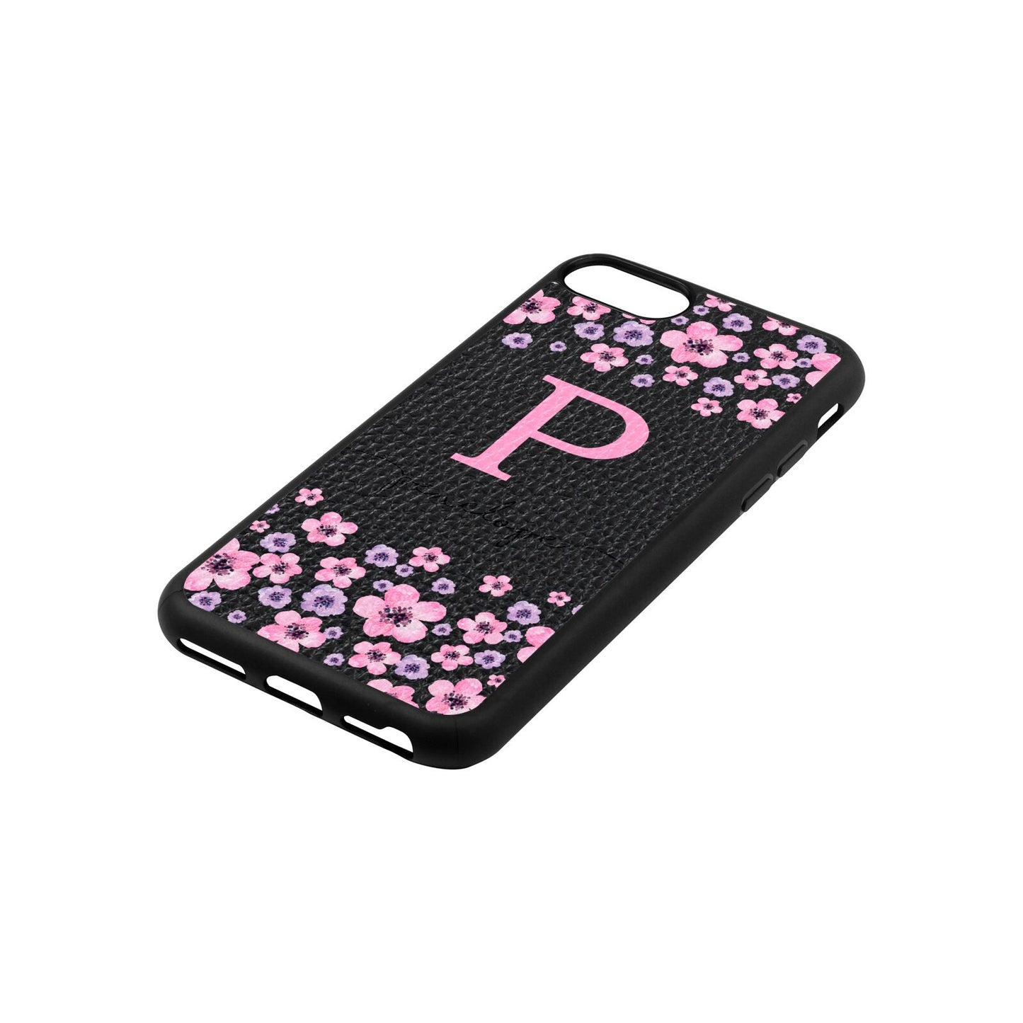 Personalised Pink Floral Black Pebble Leather iPhone 8 Case Side Angle
