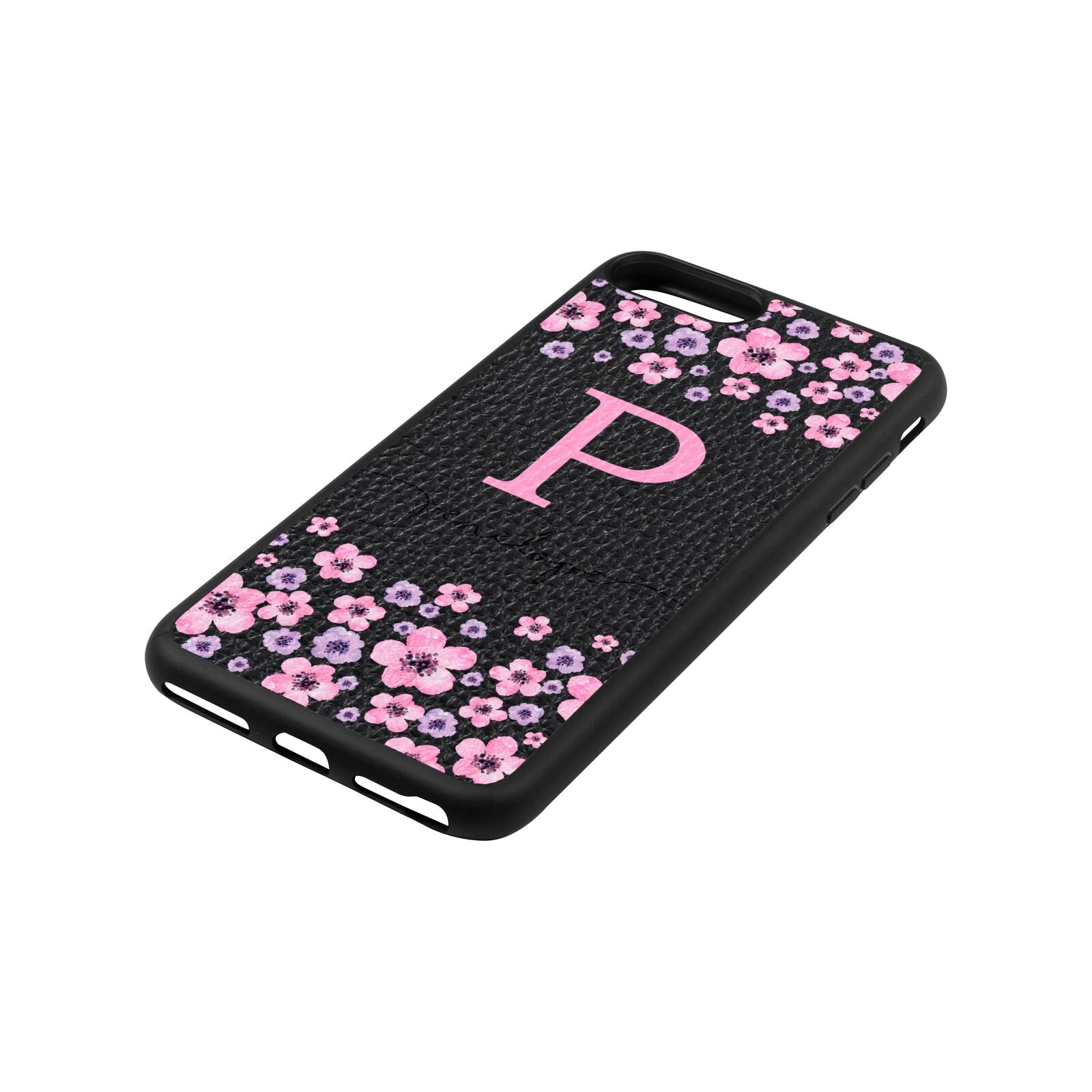 Personalised Pink Floral Black Pebble Leather iPhone 8 Plus Case Side Angle