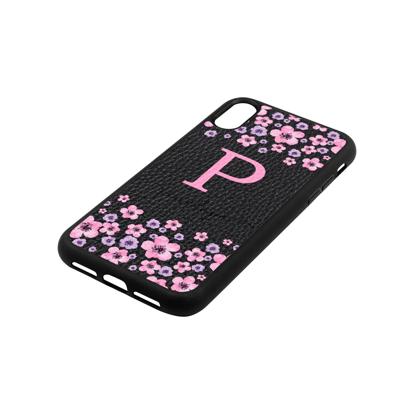 Personalised Pink Floral Black Pebble Leather iPhone Xr Case Side Angle