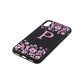 Personalised Pink Floral Black Pebble Leather iPhone Xs Case Side Angle