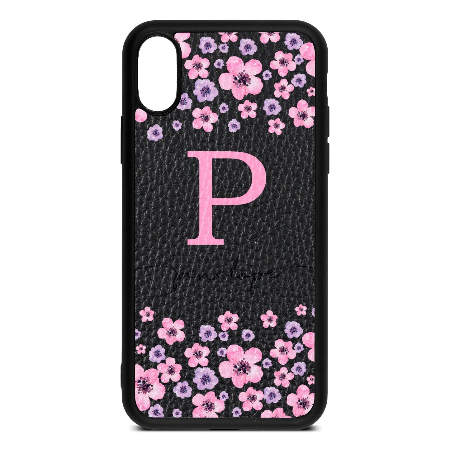Personalised Pink Floral Black Pebble Leather iPhone Xs Case