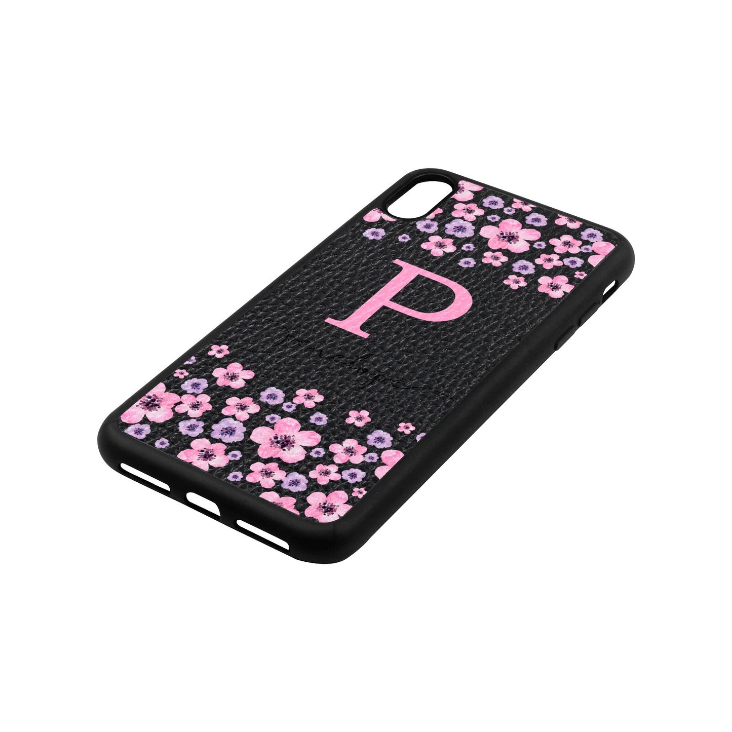 Personalised Pink Floral Black Pebble Leather iPhone Xs Max Case Side Angle